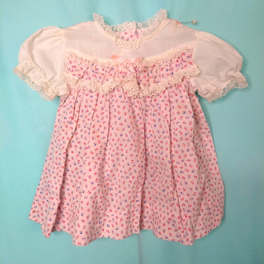 Cutest One vintage pink floral dress lace trim KFB-384 calico micro-floral